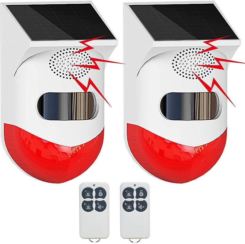 ChunHee Solar Motion Sensor Outdoor Alarm,Adjustable Sensitivity Motion Activated Alarm,129db Sound Security Siren Light IP67 Waterproof and 4 Mode for Home,Farm,Barn,Villa,Yard(2 Pack) - Image 1