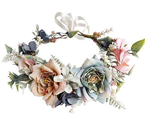 Vivivalue Women Floral Crown Adjustable Flower Headband Hair Wreath Floral Headpiece Halo Boho with Ribbon Wedding Party Photos - Image 1