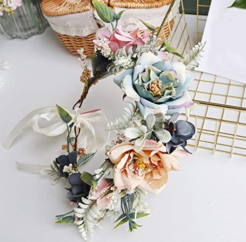 Vivivalue Women Floral Crown Adjustable Flower Headband Hair Wreath Floral Headpiece Halo Boho with Ribbon Wedding Party Photos - Image 4