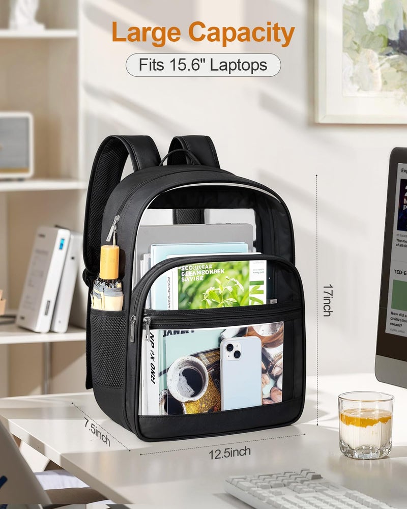 KIMNERPU Clear Backpack, Heavy Duty Transparent Bookbag for School, Fabric & PVC Transparent Backpack with Reinforced Strap for Women Men, Capacity Clear Bag for College, Travel, Security, Black - Image 2