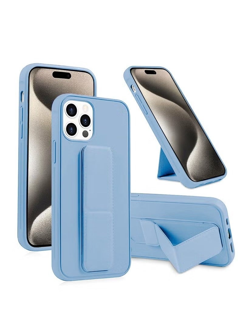 TIGER Hand Grip Magnetic Kickstand Case for iPhone 15 Pro Max – 2023 | Sky Blue Shockproof Soft TPU Back Cover with Foldable Finger Holder & Wrist Strap | Built-In Iron Plate for Magnetic Mounts | Protective Grip & Stand Function for Easy Viewing - Image 1