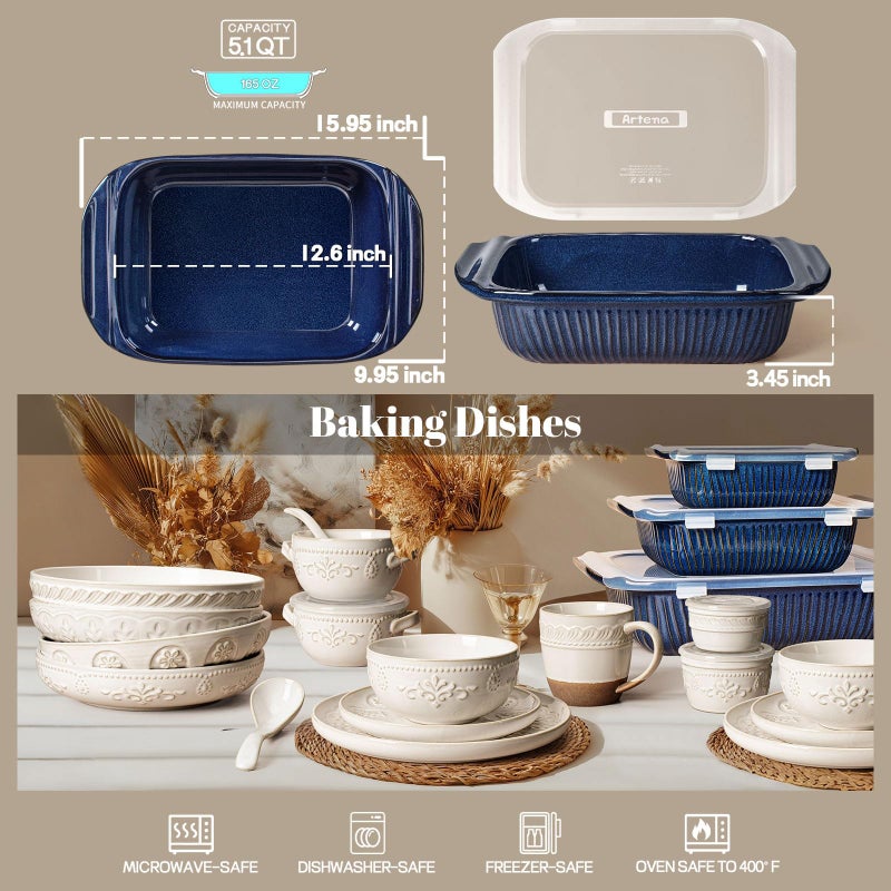 Artena Baking Dish 5.1 Quarts, Casserole Dishes For Oven, Baking Pan With Handles, Lasagna Pan Deep, Large Casserole Dish, Rectangular White Ceramic Bakeware, Blue (Baking Dish With Lids) - Image 2
