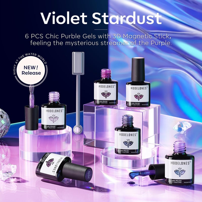 modelones Gel Nail Polish Set, 6 Colors 2026 Winter Purple-Red/Black/Blue Sparkle Chameleon Glitter Gel Polish Purple-Black Color Changing 9D Cat Eye Nail Polish With Magnet LED Nail Art DIY Gift - Image 5