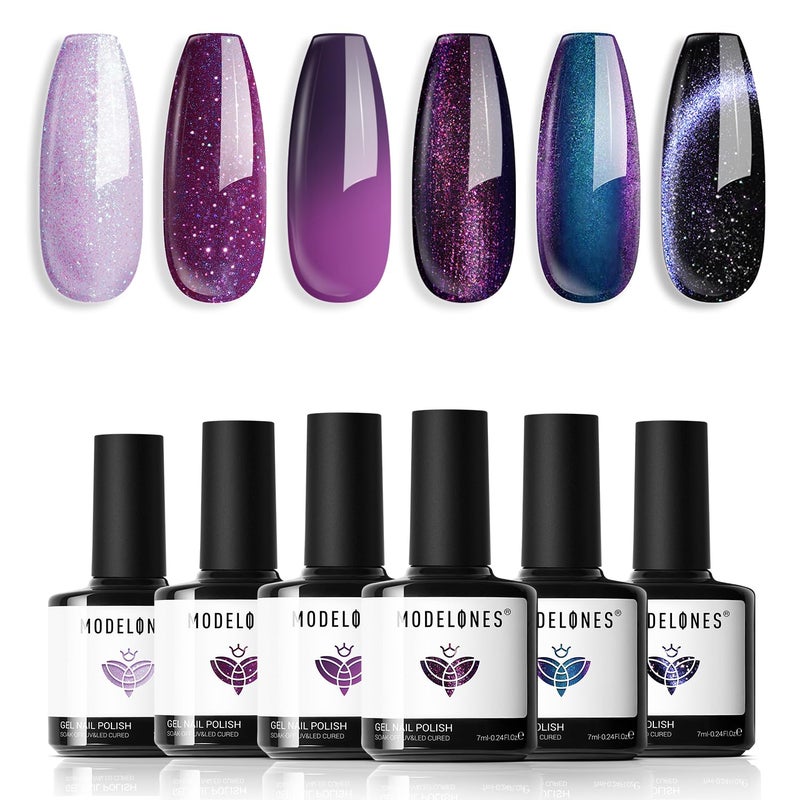 modelones Gel Nail Polish Set, 6 Colors 2026 Winter Purple-Red/Black/Blue Sparkle Chameleon Glitter Gel Polish Purple-Black Color Changing 9D Cat Eye Nail Polish With Magnet LED Nail Art DIY Gift - Image 1