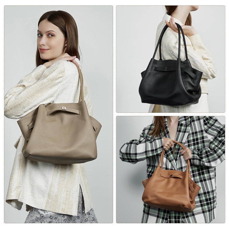 MoreFarther Leather Tote Bag for Women, Spacious Work Tote with Magnetic Closure Pocket, Minimalist Office Bag(Beige) - Image 2