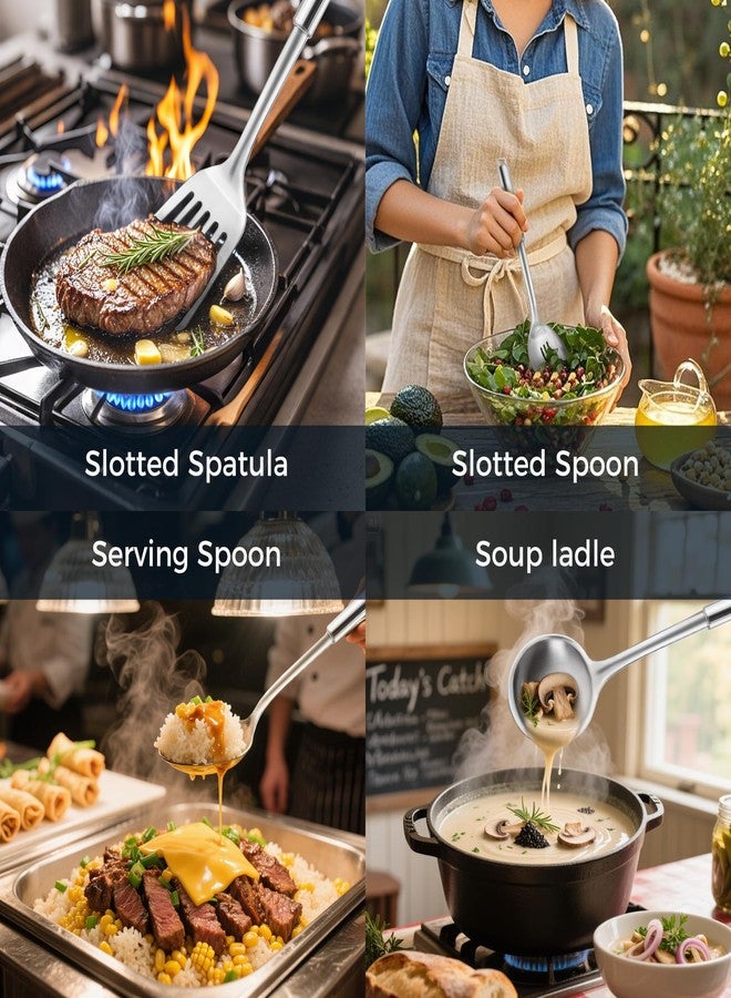 MUJINON 18/0 Stainless Steel Kitchen Cooking Utensil Set, Ergonomic Handle, Dishwasher Safe, Slotted Spoon, Ladle, Turner, Serving Spoon for Housewarming Daily Use Commercial, Pack of 4 - Image 5
