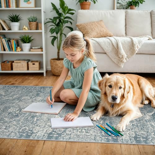 EISUROM Washable 3x8 Runner Rug - Non-Slip Vintage Runner Rug for Entryway Low-Pile Medallion Long Rugs for Hallway Waterproof Traditional Runner Rug Indoor Thin Rug for Kitchen (Muted Blue) - Image 3