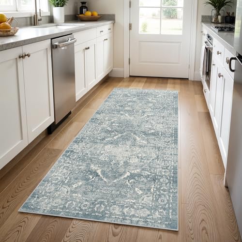 EISUROM Washable 3x8 Runner Rug - Non-Slip Vintage Runner Rug for Entryway Low-Pile Medallion Long Rugs for Hallway Waterproof Traditional Runner Rug Indoor Thin Rug for Kitchen (Muted Blue) - Image 1