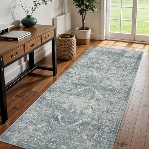 EISUROM Washable 3x8 Runner Rug - Non-Slip Vintage Runner Rug for Entryway Low-Pile Medallion Long Rugs for Hallway Waterproof Traditional Runner Rug Indoor Thin Rug for Kitchen (Muted Blue) - Image 2