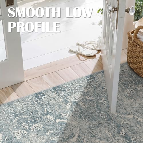 EISUROM Washable 3x8 Runner Rug - Non-Slip Vintage Runner Rug for Entryway Low-Pile Medallion Long Rugs for Hallway Waterproof Traditional Runner Rug Indoor Thin Rug for Kitchen (Muted Blue) - Image 4