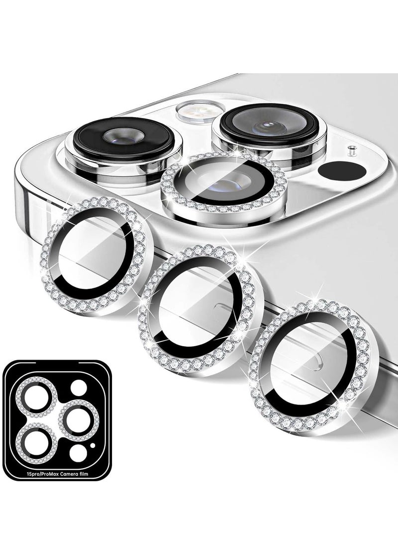 Raxoom "Silver Diamond Camera Lens Protector for iPhone 16 Pro/16 Pro Max â€“ Bling Tempered Glass Cover with Automatic Alignment Metal Rings and Glitter Film Stickers" - Image 1