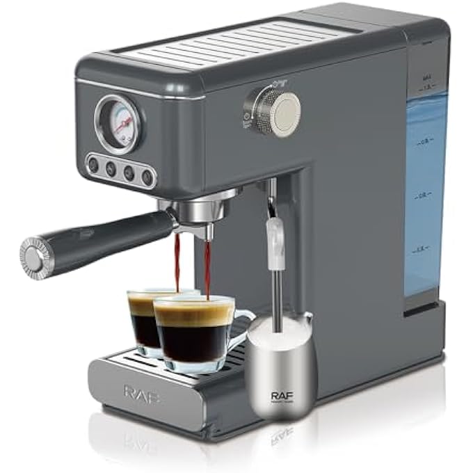 آر إيه أف ماكينة صنع قهوة إيطالية نصف أوتوماتيكية بقوة 1300 واط وصانعة إسبرسو وخزان مياه سعة 12 لترًا وخافق حليب وعصا بخار ومقياس ضغط ونظام غلاية مزدوج وماكينة صنع قهوة منزلية سهلة التنظيف - Image 1
