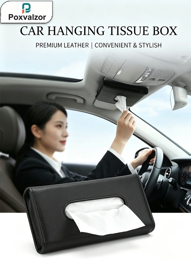 Poxvalzor Car Visor Tissue Holder, Car Tissue Holder With tissues, PU Leather Tissue Box,  Hanging Paper Towel Clip, Tissue Paper Holder Dispenser, Napkin Tissue Tray Container, remium Car Tissue Box for car, Vehicle (Black) - Image 1