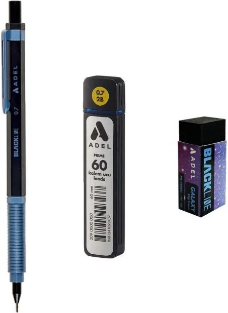 adelinspor Adel Blackline Metal Body Mechanical Pencil 0.7 mm Blue-Black + Prime 0.7 Tip 60 pcs + Eraser