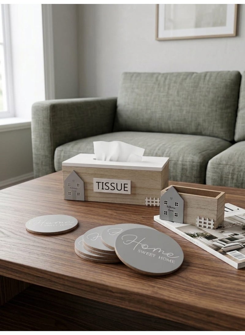 Wooden Tissue Box Cover and Coaster Set with Holder - Rustic Home Décor Accent (Wood, Grey & White) - Image 3