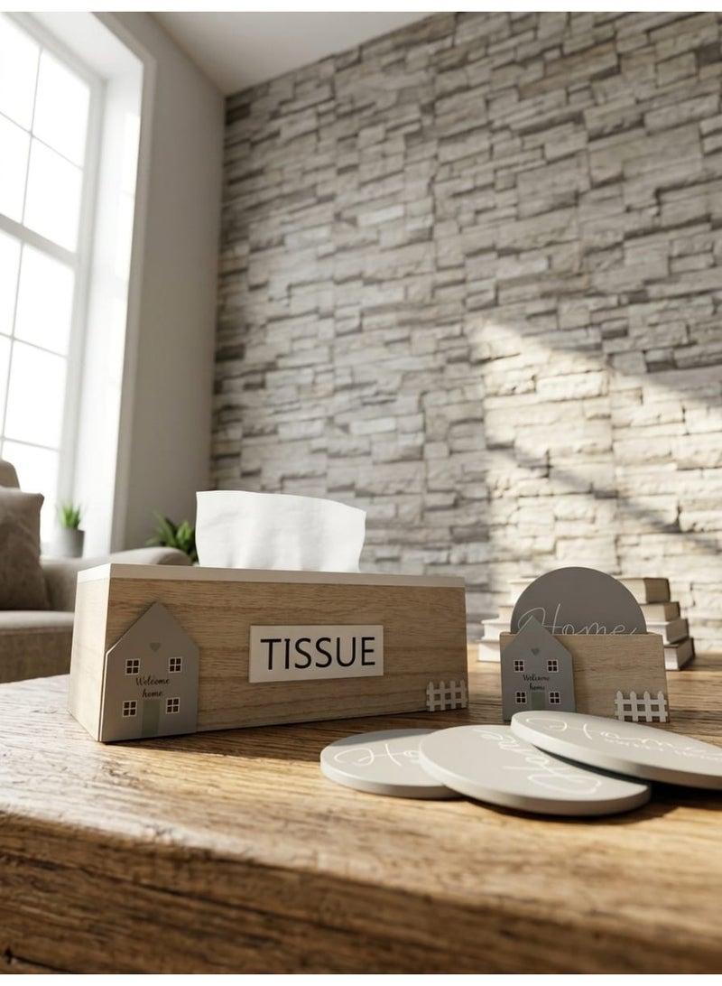 Wooden Tissue Box Cover and Coaster Set with Holder - Rustic Home Décor Accent (Wood, Grey & White) - Image 4