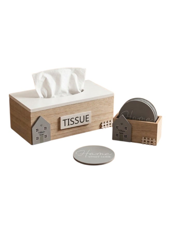 Wooden Tissue Box Cover and Coaster Set with Holder - Rustic Home Décor Accent (Wood, Grey & White) - Image 5