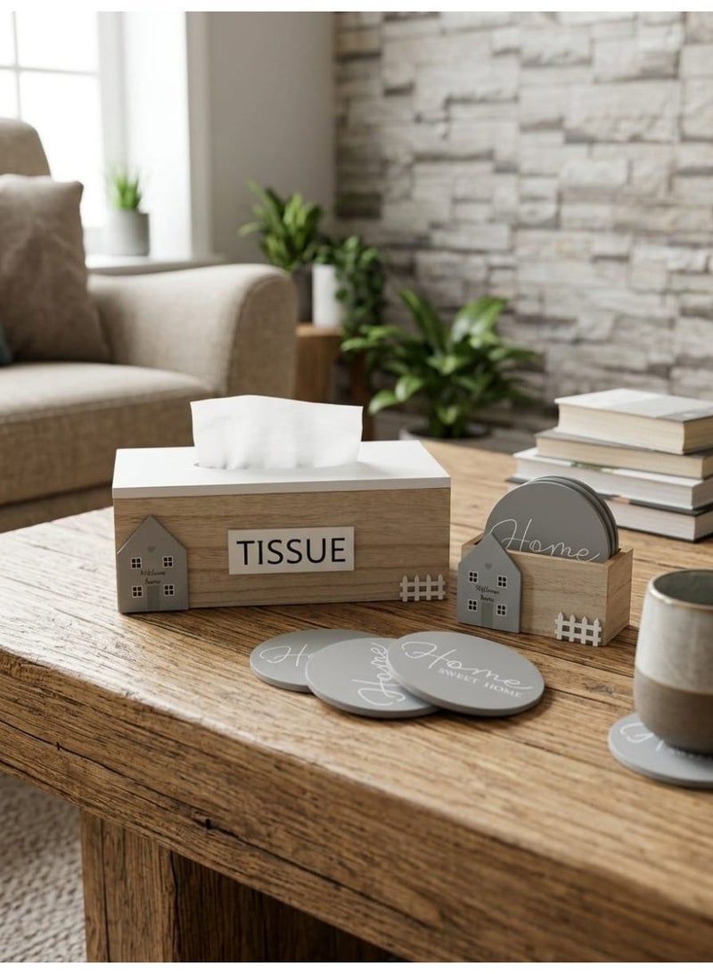 Wooden Tissue Box Cover and Coaster Set with Holder - Rustic Home Décor Accent (Wood, Grey & White) - Image 2