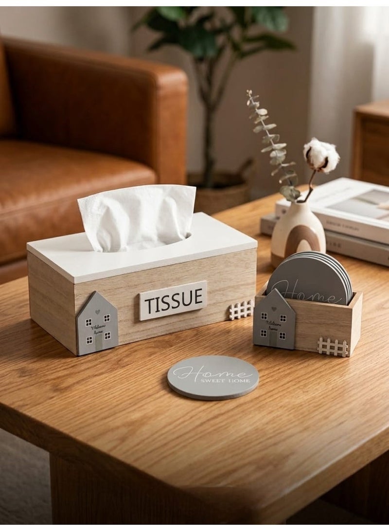 Wooden Tissue Box Cover and Coaster Set with Holder - Rustic Home Décor Accent (Wood, Grey & White) - Image 1
