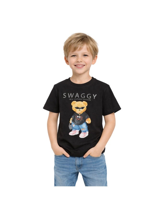 تي شيرت أولادي بطبعة دب Swaggy - بأكمام قصيرة