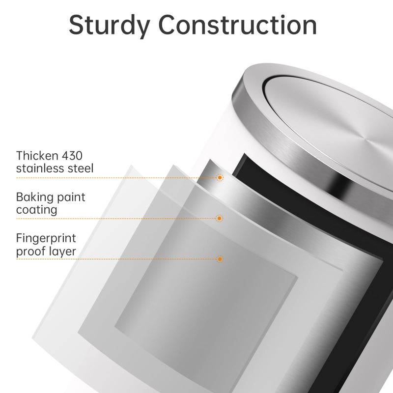 Mbillion Small Trash Can with Swing Lid 2.4 Gallons/9 Liter, Mini Trash Can with lid, Stainless Steel Cylindrical Garbage Can for Home and Office Bathroom Bedroom, for Ground and Desktop White - Image 3
