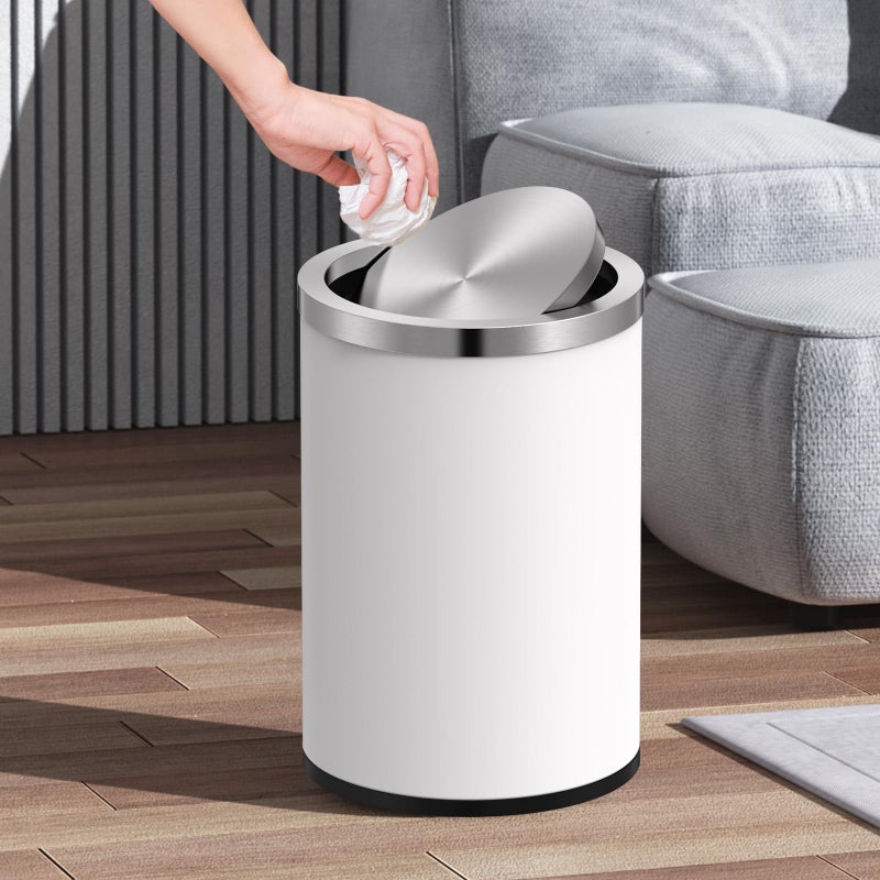 Mbillion Small Trash Can with Swing Lid 2.4 Gallons/9 Liter, Mini Trash Can with lid, Stainless Steel Cylindrical Garbage Can for Home and Office Bathroom Bedroom, for Ground and Desktop White - Image 5