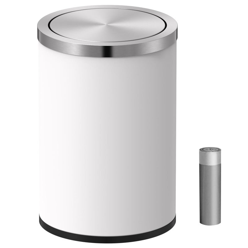 Mbillion Small Trash Can with Swing Lid 2.4 Gallons/9 Liter, Mini Trash Can with lid, Stainless Steel Cylindrical Garbage Can for Home and Office Bathroom Bedroom, for Ground and Desktop White - Image 1