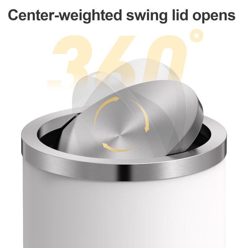 Mbillion Small Trash Can with Swing Lid 2.4 Gallons/9 Liter, Mini Trash Can with lid, Stainless Steel Cylindrical Garbage Can for Home and Office Bathroom Bedroom, for Ground and Desktop White - Image 2