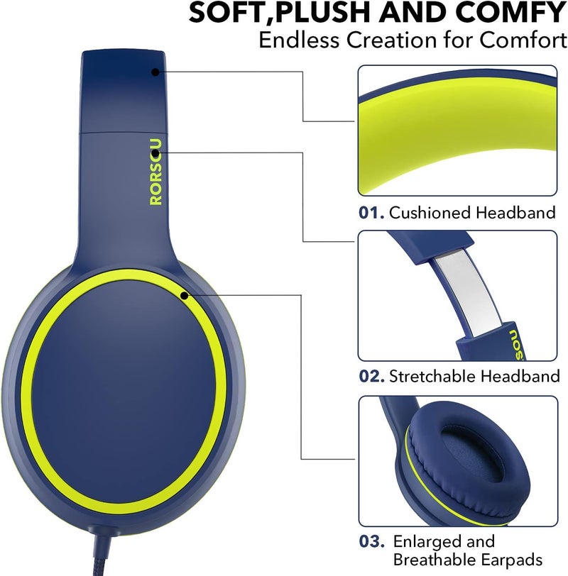 RORSOU R10 Over-Ear Headphones with Microphone, Lightweight Folding Stereo Bass Headset with 1.5M No-Tangle Cord, Portable Wired Headphones for Smartphone Tablet Computer MP3 / 4 (Blue) - Image 4