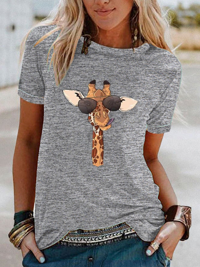 wish fun giraffe pattern printed contrast short sleeve t-shirt for women - Image 1