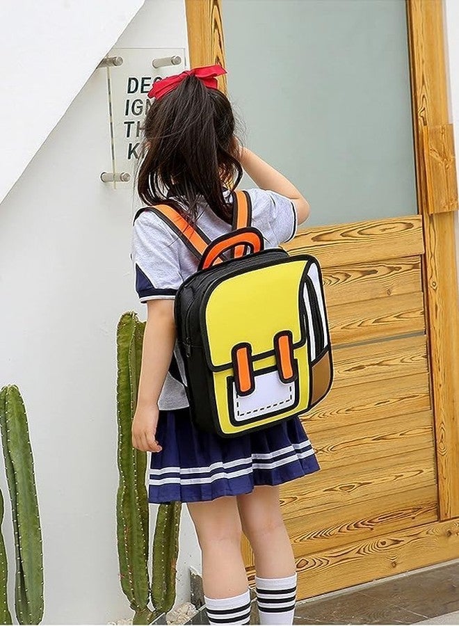 AREO School Backpack Cute 3D / 2D Cartoon Bookbag School Bag Daypack Aesthetic 2D Drawing Canvas Bag (Yellow) - Image 3