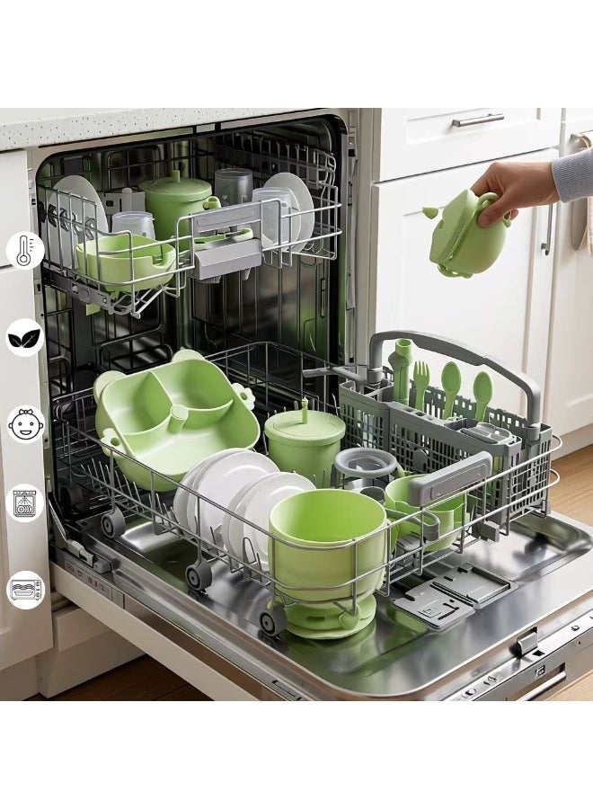 CESETH 7-Piece Baby Silicone Feeding Set, Free Of Bisphenol A, Including Toddler Divider Plates And Bowls (With Suction Cups), (Equipped With Adjustable Soft Silicone Bib And Tableware) Baby Tableware Set Suitable For Toddler/Child Feeding Sets. - Green - Image 3