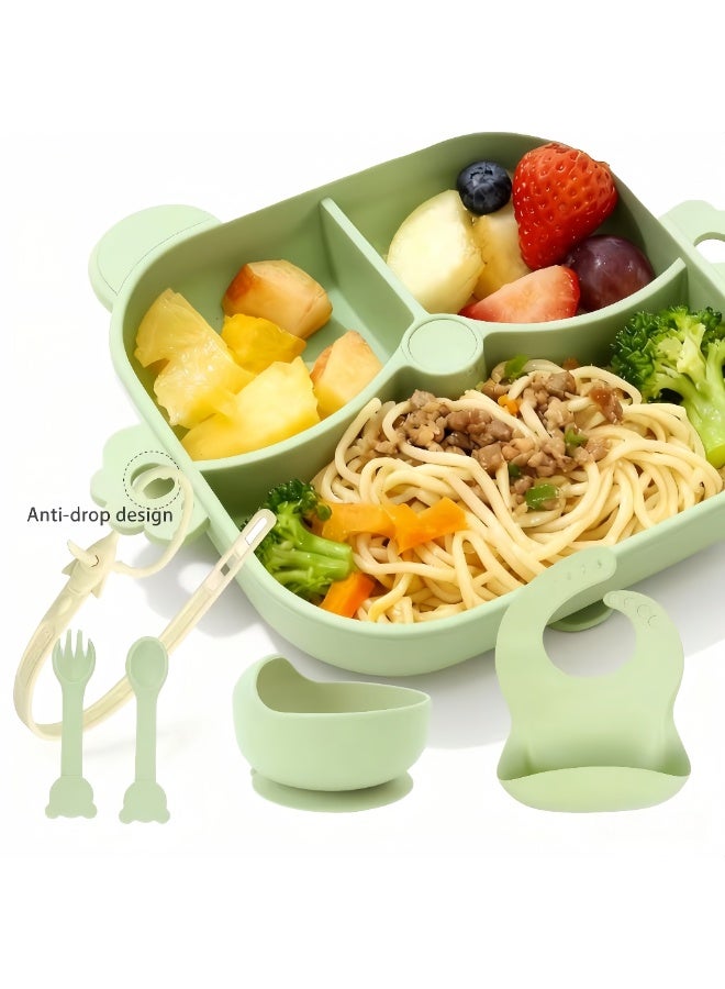 CESETH 7-Piece Baby Silicone Feeding Set, Free Of Bisphenol A, Including Toddler Divider Plates And Bowls (With Suction Cups), (Equipped With Adjustable Soft Silicone Bib And Tableware) Baby Tableware Set Suitable For Toddler/Child Feeding Sets. - Green - Image 5