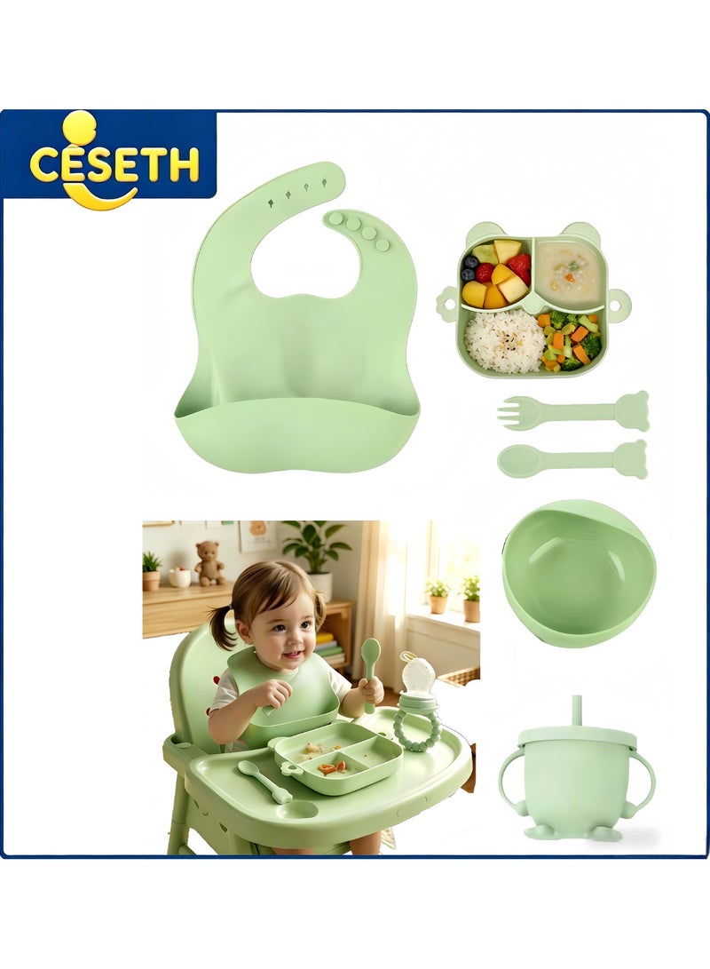 CESETH 7-Piece Baby Silicone Feeding Set, Free Of Bisphenol A, Including Toddler Divider Plates And Bowls (With Suction Cups), (Equipped With Adjustable Soft Silicone Bib And Tableware) Baby Tableware Set Suitable For Toddler/Child Feeding Sets. - Green - Image 1