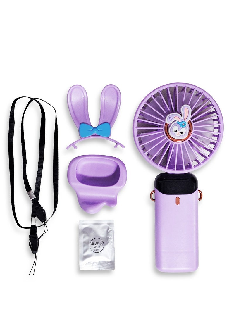 Cute cartoon portable fan, 5 different cooling speeds with LED display showing the speed level, openable head, equipped with a scented disc for refreshing breeze, USB rechargeable for easy use, lightweight and portable design with a lanyard to hang it around the neck, base to fix it on the table, safe material and suitable for children and adults, perfect gift for summer - Image 1