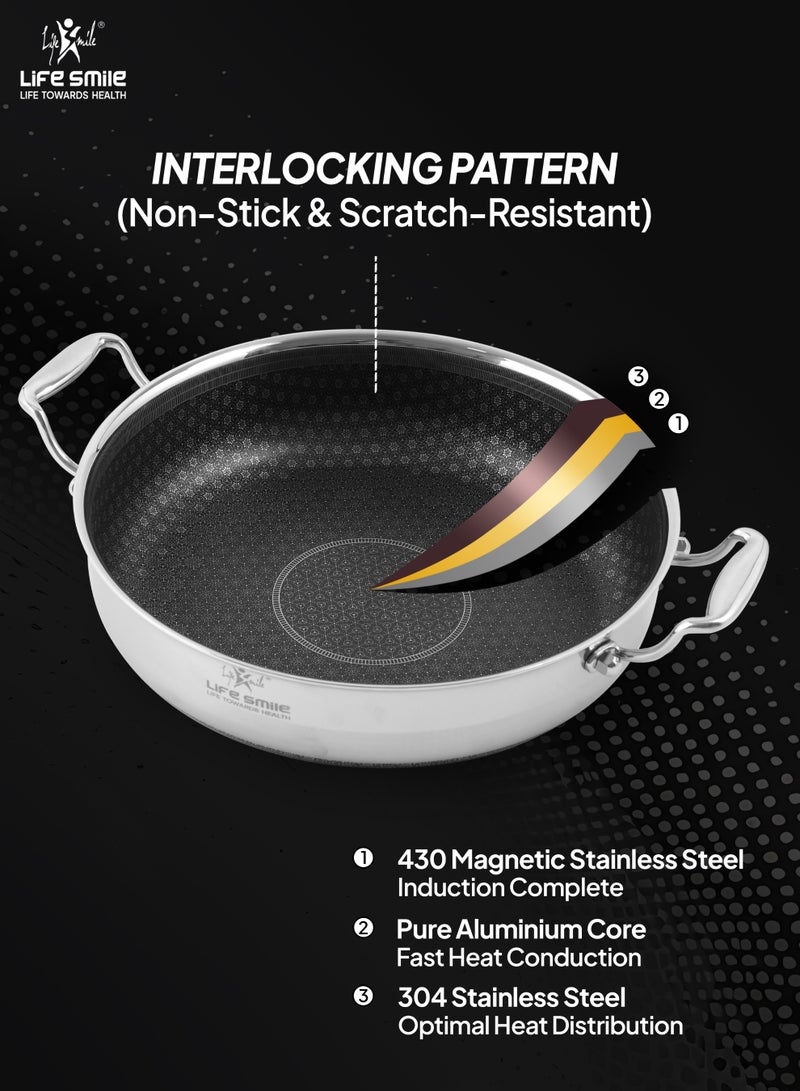 Life Smile وعاء ضحل من الفولاذ المقاوم للصدأ الهجين 18/10 من لايف سمايل مع نمط متشابك غير لاصق - متوافق مع الحث - 32 سم - Image 4