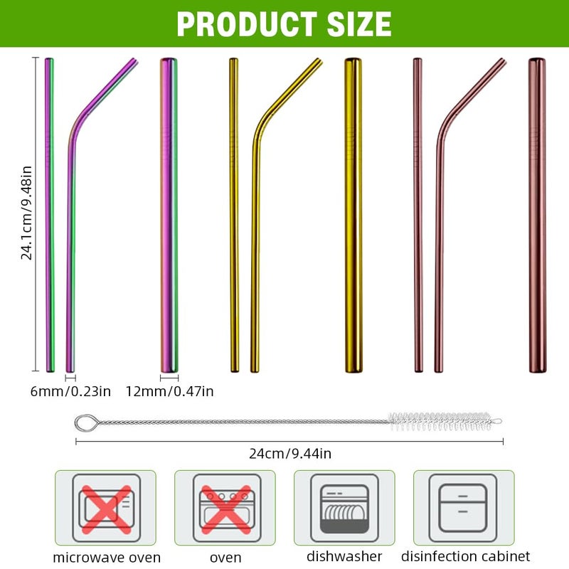 HASTHIP HASTHIP 9Pcs Stainless Steel Straws 945inches Straight Curved Straws Combo Set 6mm12mm Dia Straight Straws Fashion Straws Drinkware Straws with Storage Pouch Cleaning Brush  - Image 2