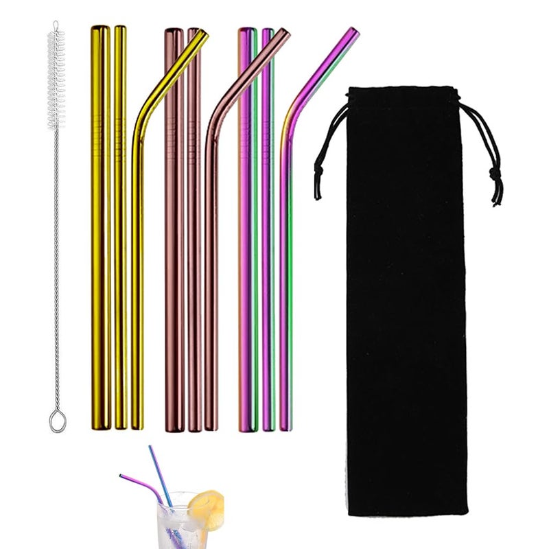 HASTHIP HASTHIP 9Pcs Stainless Steel Straws 945inches Straight Curved Straws Combo Set 6mm12mm Dia Straight Straws Fashion Straws Drinkware Straws with Storage Pouch Cleaning Brush  - Image 1