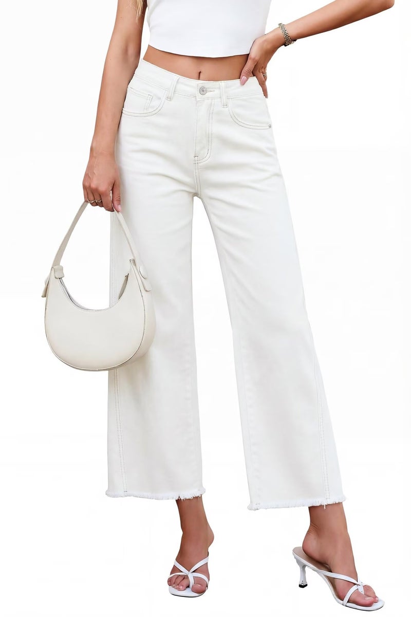 Allimy Wide Leg Jeans Woman High Waisted Raw Hem Flare Stretchy Straight Leg Bootcut Baggy Barrel Denim Capris Jeans for Women Trendy White US 10 - Image 2