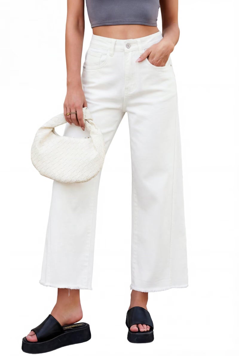 Allimy Wide Leg Jeans Woman High Waisted Raw Hem Flare Stretchy Straight Leg Bootcut Baggy Barrel Denim Capris Jeans for Women Trendy White US 10 - Image 4