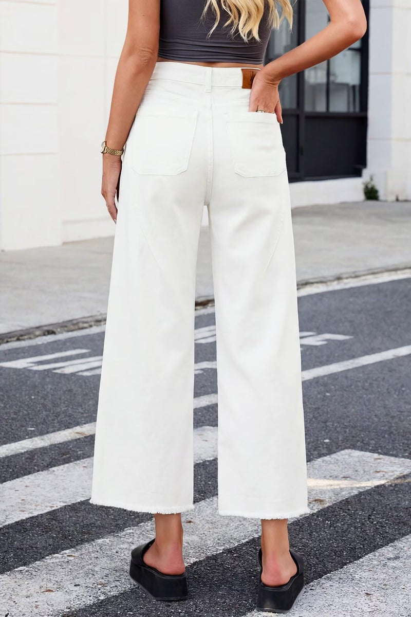 Allimy Wide Leg Jeans Woman High Waisted Raw Hem Flare Stretchy Straight Leg Bootcut Baggy Barrel Denim Capris Jeans for Women Trendy White US 10 - Image 5