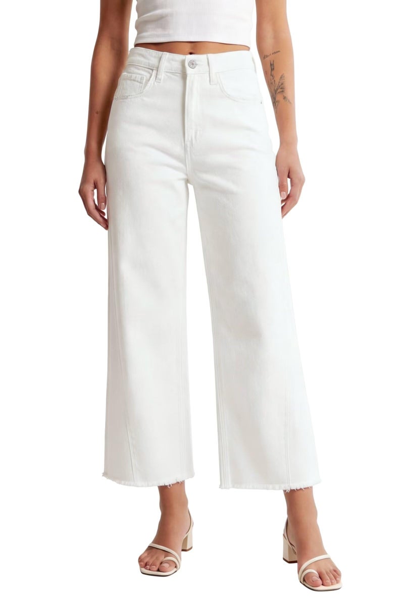 Allimy Wide Leg Jeans Woman High Waisted Raw Hem Flare Stretchy Straight Leg Bootcut Baggy Barrel Denim Capris Jeans for Women Trendy White US 10 - Image 1