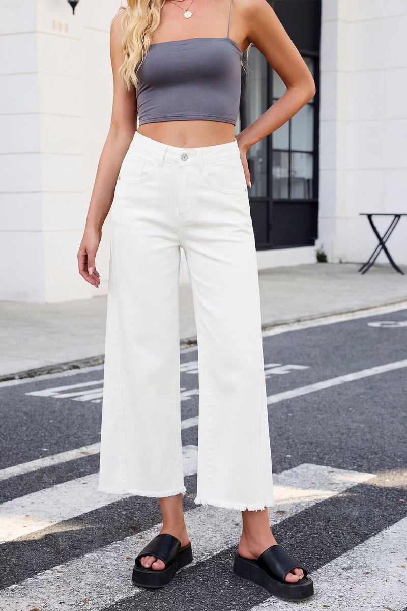 Allimy Wide Leg Jeans Woman High Waisted Raw Hem Flare Stretchy Straight Leg Bootcut Baggy Barrel Denim Capris Jeans for Women Trendy White US 10 - Image 3