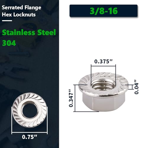 RoyceMart 3/8-16 (12 Pack) Serrated Flange Hex Nuts, 304 Stainless Steel 18/8 Flange Nuts, UNC Coarse Thread Hex Locknuts - Image 2