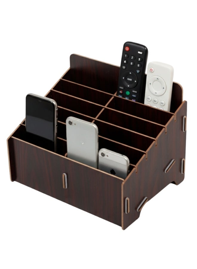 ساراونت منظم مكتبي خشبي بـ 12 قسماً للوازم المكتبية وحامل للهاتف وجهاز التحكم عن بعد بلون خشبي داكن - Image 1
