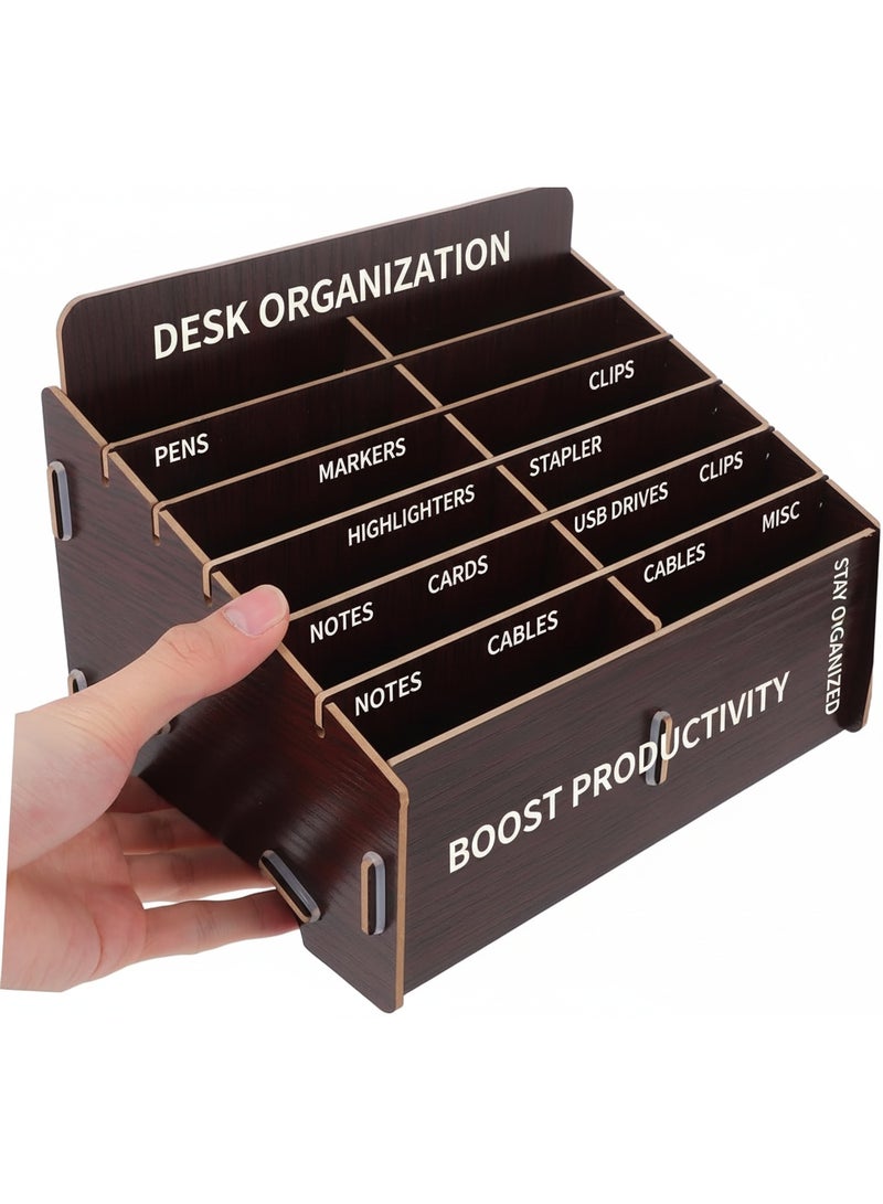 ساراونت منظم مكتبي خشبي بـ 12 قسماً للوازم المكتبية وحامل للهاتف وجهاز التحكم عن بعد بلون خشبي داكن - Image 2