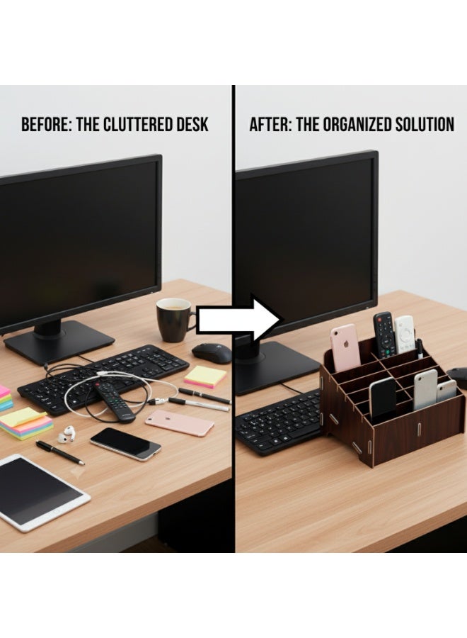 ساراونت منظم مكتبي خشبي بـ 12 قسماً للوازم المكتبية وحامل للهاتف وجهاز التحكم عن بعد بلون خشبي داكن - Image 4