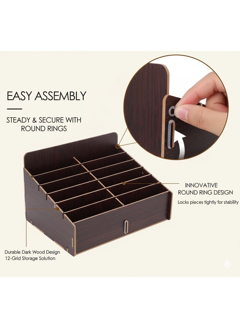 ساراونت منظم مكتبي خشبي بـ 12 قسماً للوازم المكتبية وحامل للهاتف وجهاز التحكم عن بعد بلون خشبي داكن - Image 5