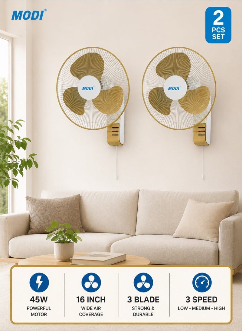 MODI 2 Piece 16 Inch Wall Fan 45W, 3 Speed Oscillating Wall Mounted Fan, 3 Blade Low Noise Air Circulation Cooling Fan for Home Office Living Room Shop, White - Image 1