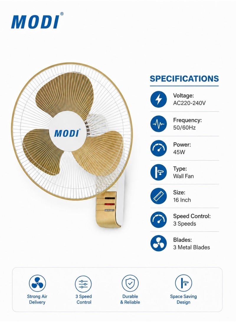 MODI 2 Piece 16 Inch Wall Fan 45W, 3 Speed Oscillating Wall Mounted Fan, 3 Blade Low Noise Air Circulation Cooling Fan for Home Office Living Room Shop, White - Image 5